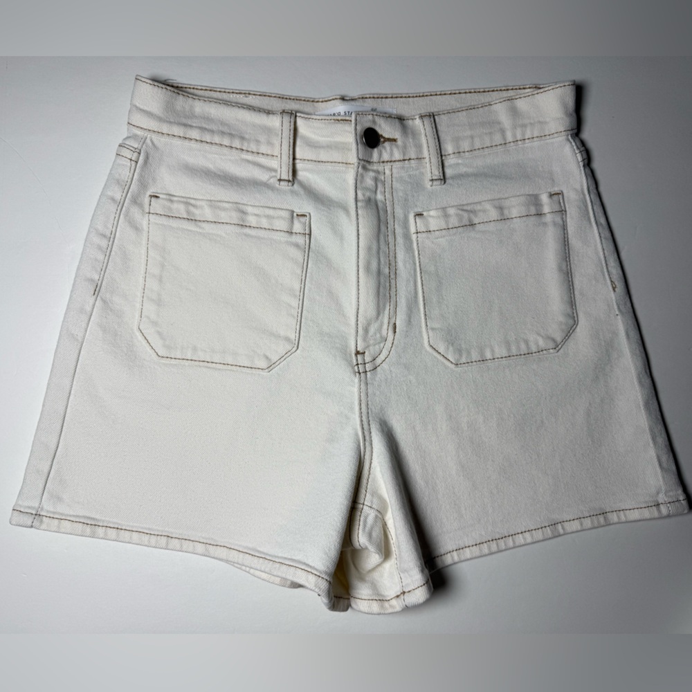Altar'd State Cream Denim Shorts size 29 (8) high rise contrast stitch.